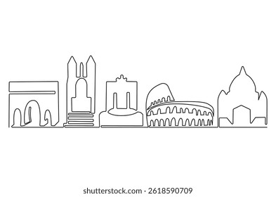 Continuous one line drawing of Rome city skyline. Single line drawing illustration of Italy cityscape. Beautiful buildings and architecture concept vector art. Doodle line illustration.