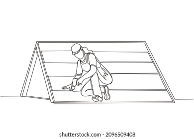 Continuous one line drawing roofer installing wooden or bitumen shingle. Roofer woman fixing house roof with electric screwdriver. Repairwoman worker repair occupation. Single line draw design vector