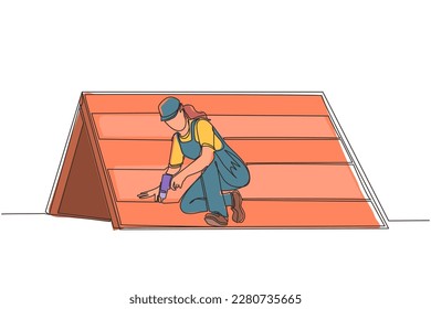 Continuous one line drawing roofer installing wooden or bitumen shingle. Roofer woman fixing house roof with electric screwdriver. Repairwoman worker repair occupation. Single line draw design vector