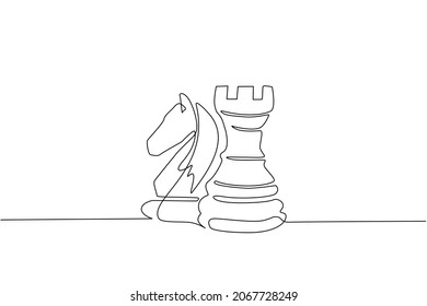 Continuous one line drawing rook and knight chess logo. Set of emblems and signs for chess sport tournament. Successful challenge flat isolated. Single line draw design vector graphic illustration