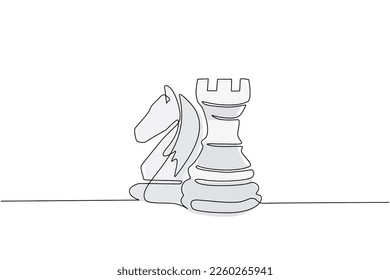 Continuous one line drawing rook and knight chess logo. Set of emblems and signs for chess sport tournament. Successful challenge flat isolated. Single line draw design vector graphic illustration