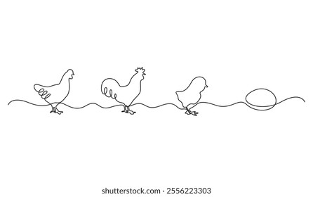 Continuous one line drawing of rooster and hen chicken family vector illustration