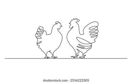 Continuous one line drawing of rooster and hen chicken family vector illustration