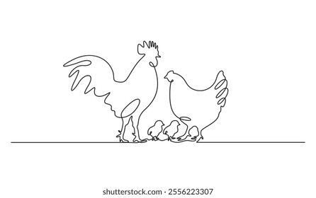 Continuous one line drawing of rooster and hen chicken family vector illustration