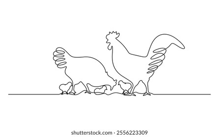 Continuous one line drawing of rooster and hen chicken family vector illustration