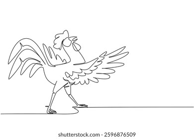 Continuous one line drawing rooster dancing pose. Swinging freely here and there. Free the feet to follow the rhythm. The cock. Dance Like a Chicken Day. Single line draw design vector illustration