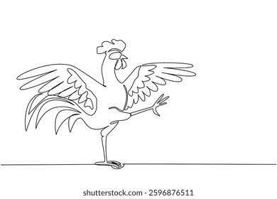 Continuous one line drawing rooster dancing pose. Moves wings and legs in rhythm. The perfect day to celebrate freedom. Style. Dance Like a Chicken Day. Single line draw design vector illustration