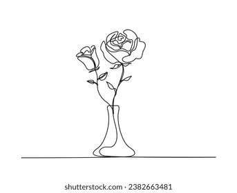 Continuous one line drawing of rose flower in vase. Rose flower in vintage vase outline vector illustration.