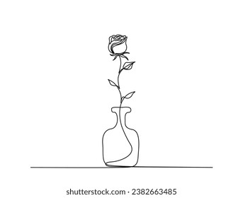 Continuous one line drawing of rose flower in vase. Rose flower in vintage vase outline vector illustration.