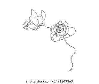 Continuous one line drawing of rose and butterfly land it. One line drawing illustration of butterfly flying and rose. Mutualistic symbiosis concept line art. Editable outline.
