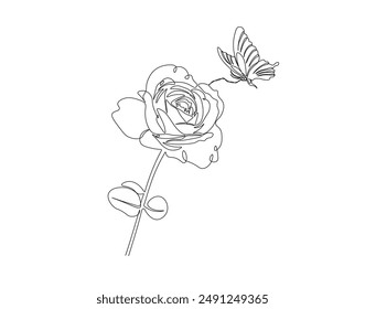 Continuous one line drawing of rose and butterfly land it. One line drawing illustration of butterfly flying and rose. Mutualistic symbiosis concept line art. Editable outline.
