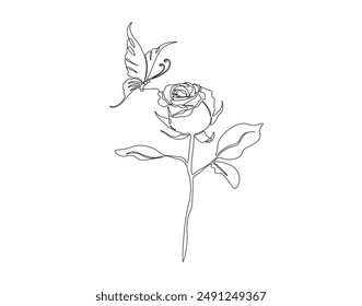 Continuous one line drawing of rose and butterfly land it. One line drawing illustration of butterfly flying and rose. Mutualistic symbiosis concept line art. Editable outline.
