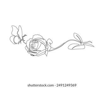 Continuous one line drawing of rose and butterfly land it. One line drawing illustration of butterfly flying and rose. Mutualistic symbiosis concept line art. Editable outline.
