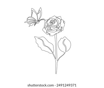 Continuous one line drawing of rose and butterfly land it. One line drawing illustration of butterfly flying and rose. Mutualistic symbiosis concept line art. Editable outline.
