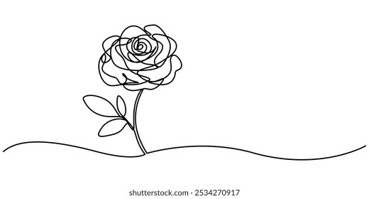 Continuous one line drawing of rose flower vector illustration. Premium vector, Flower in continuous line art drawing style. Rose flower minimalist black linear design isolated on white background.