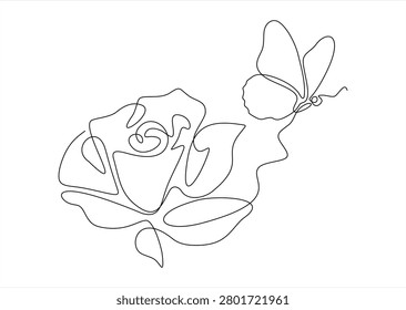 Continuous one line drawing of rose and butterfly land it. One line drawing illustration of butterfly flying and rose. Mutualistic symbiosis concept line art. Editable outline.