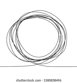 Continuous one line drawing of an round frame in the sketch technique of a constant black outline. Grunge rough shapes imitating a trace of a pencil on a white BG