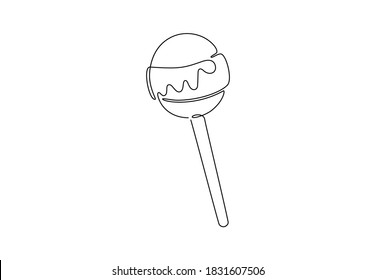 Continuous one line drawing of round lollipop candy shop logotype label. Hand drawn sweet drop for posters banner textile, confectionery store logo template concept. Modern vector illustration