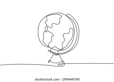Continuous one line drawing round world globe map. Back to school hand drawn minimalism concept. Single line draw design for geography education vector graphic illustration