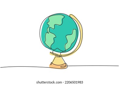 Continuous one line drawing round world globe map. Back to school hand drawn minimalism concept. Single line draw design for geography education vector graphic illustration