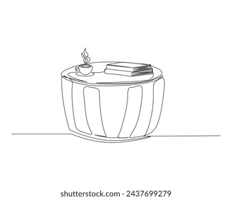 Dibujo continuo de una línea de mesa redonda con una taza de café y libros. Ilustración vectorial de contorno único de mesa de salón. Concepto de interior y mobiliario, trazo editable.