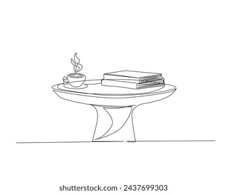Continuous one line drawing of round table with a cup of coffee and books. Living room table single outline vector illustration. Interior and furniture concept, editable stroke.