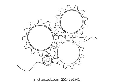 Desenho contínuo de uma linha de roda de metal redondo engrenagem engrenagem para a identidade do logotipo da empresa mecânica. Trabalho em equipe e processo de colaboração no conceito do escritório. Ilustração gráfica vetorial de design de desenho de linha única