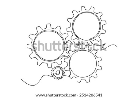 Continuous one line drawing of round metal wheel gear cog for mechanic company logo identity. Teamwork and collaboration process at office concept. Single line draw design vector graphic illustration