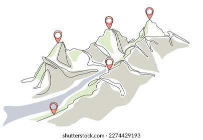 Continuous one line drawing of route in the mountains with location pointers. GPS navigation and Travel concept. Editable stroke. Map pin line background. Travel concept Vector drawing in linear style