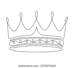 Continuous one line drawing of royal crown. Simple king crown outline design. Editable active stroke vector.