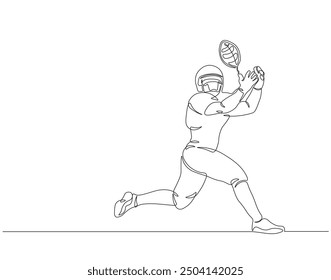 Continuous one line drawing of rugby player holding ball. One line drawing illustration of rugby player. American football, sport, soccer ball, running, competition, concept line art. Editable outline