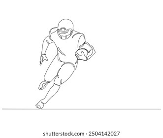 Continuous one line drawing of rugby player holding ball. One line drawing illustration of rugby player. American football, sport, soccer ball, running, competition, concept line art. Editable outline