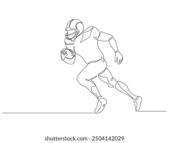 Continuous one line drawing of rugby player holding ball. One line drawing illustration of rugby player. American football, sport, soccer ball, running, competition, concept line art. Editable outline