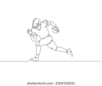 Dibujo continuo de una línea del jugador de rugby que sostiene la pelota. Ilustración de dibujo de una línea de jugador de rugby. Fútbol americano, deporte, balón de fútbol, corriendo, competición, arte de la línea del concepto