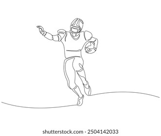 Dibujo continuo de una línea del jugador de rugby que sostiene la pelota. Ilustración de dibujo de una línea de jugador de rugby. Fútbol americano, deporte, balón de fútbol, corriendo, competición, arte de la línea del concepto