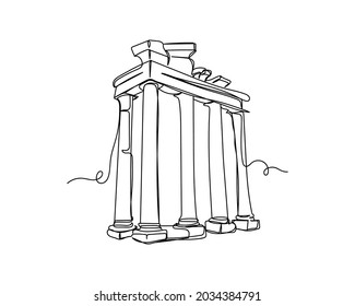 Continuous one line drawing of ruins of the temple of apollo icon in silhouette on a white background. Linear stylized.