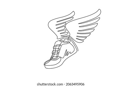 Continuous one line drawing running shoes with wings isolated. Stylized, minimalistic vintage design template element for print, label, badge or other symbol. Single line draw design vector graphic