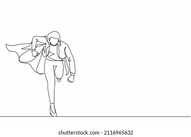 Continuous one line drawing running business hero. Businesswoman in cape superhero actions running. Professional working powerful superheroes. Success, leadership. Single line design vector graphic