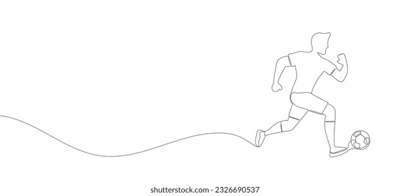 Continuous one line drawing of running soccer player man with ball. Football. Vector illustration