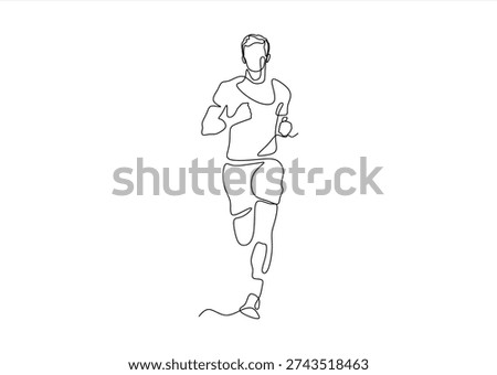 Continuous one line drawing of a running man. Vector illustration of a male athlete jogging side view isolated on white background. Minimalist sport concept