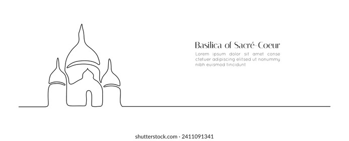Continuous one line drawing of Sacre-Coeur Basilica. Famous historic building in Paris city in simple linear style. French landmark in editable stroke. Doodle outline vector illustration