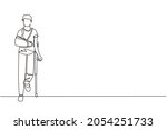 Continuous one line drawing sad and happy man with broken arm and leg in cast with crutch and fixing collar around his neck. Fracture limb. Injury. Single line draw design vector graphic illustration