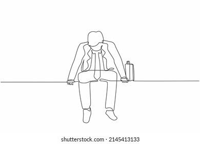 Continuo trazado de una línea, triste hombre de negocios se sienta solo en la banca. El hombre que sufre de depresión, experimenta despido, se mete en una difícil situación de vida, desesperación. Gráfico vectorial de diseño de una sola línea