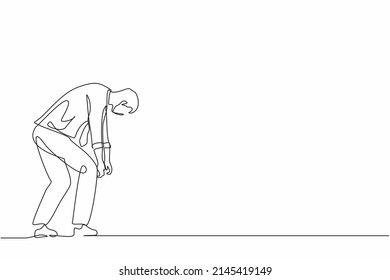 Continuous one line drawing sad businessman bowed down. Man feeling lonely and having mental pressure or stress. Bankruptcy on global economic recession, failure. Single line graphic design vector