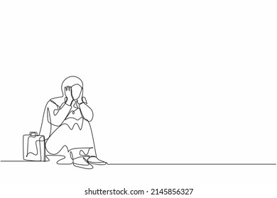 Continuous one line drawing sad Arabian businesswoman cover her face by hands and sitting on the floor. Depression disorder, sad, sorrow, disappointment symptom. Single line draw design vector graphic