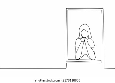 Continuous one line drawing sad woman sitting near the window with support the chin. Pandemic impact in business, economic recession, market crash. Single line draw design vector graphic illustration
