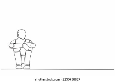 Continuous one line drawing sad robot suffer emotion melancholy sitting in despair on floor. Humanoid robot cybernetic organism. Future robotic development. Single line draw design vector illustration