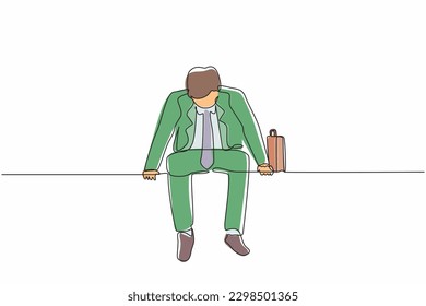 Continuo trazado de una línea, triste hombre de negocios se sienta solo en la banca. El hombre que sufre de depresión, experimenta despido, se mete en una difícil situación de vida, desesperación. Gráfico vectorial de diseño de una sola línea