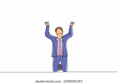 Una línea contínua que traza tristeza conmocionó a los hombres de negocios a arrodillarse y rezar. La pérdida de dinero, la crisis económica, la quiebra, la depresión. Hombre de rodillas. Ilustración gráfica vectorial de diseño de línea única