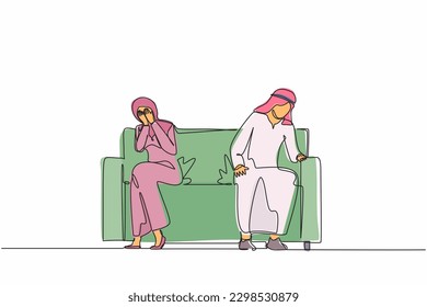 Continuous one line drawing sad unhappy Arabian husband and wife sitting on couch and keeping silence after quarrel at home. Problems in communication and fight. Single line draw design vector graphic